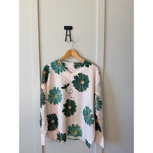 Floral V-Neck Sweater Pink Green Crochet Open Knit Sleeve L Spring cottage